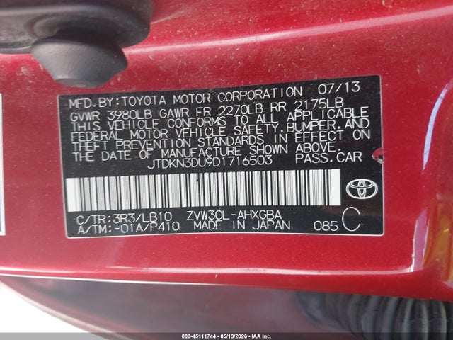 2013 Toyota Prius Four მანქანა იყიდება აუქციონზე, vin: JTDKN3DU9D1716503, აუქციონის ნომერი: 45111744