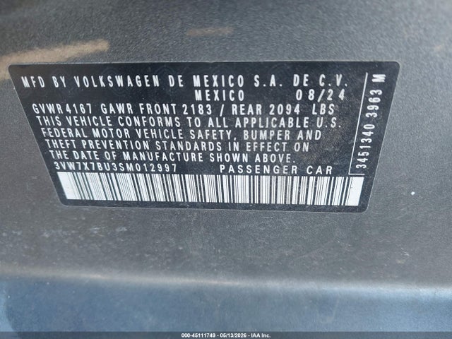 2025 Volkswagen Jetta 1.5t Se მანქანა იყიდება აუქციონზე, vin: 3VW7X7BU3SM012997, აუქციონის ნომერი: 45111749