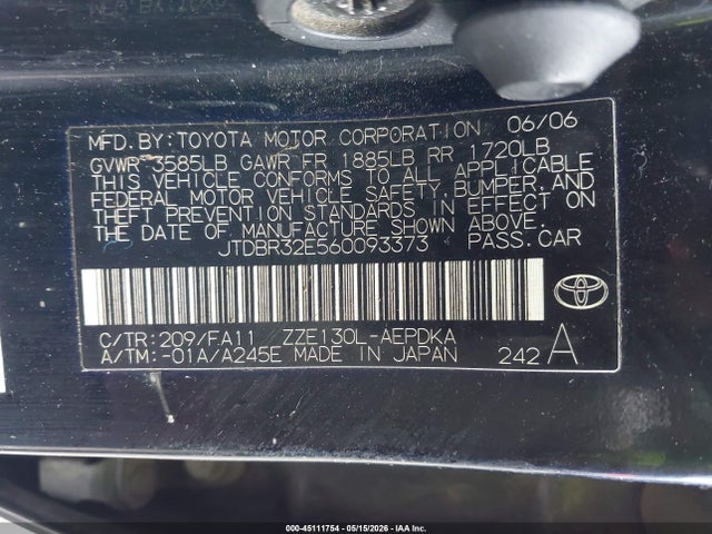 45111754 :رقم المزاد ، JTDBR32E560093373 vin ، 2006 Toyota Corolla Ce مزاد بيع