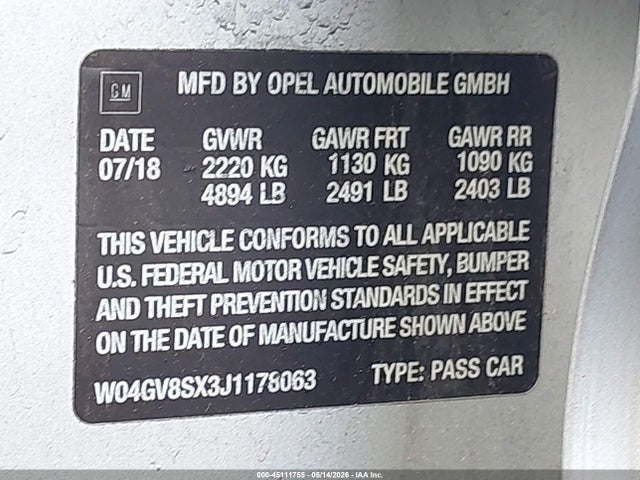 2018 Buick Regal Tourx Essence მანქანა იყიდება აუქციონზე, vin: W04GV8SX3J1178063, აუქციონის ნომერი: 45111755