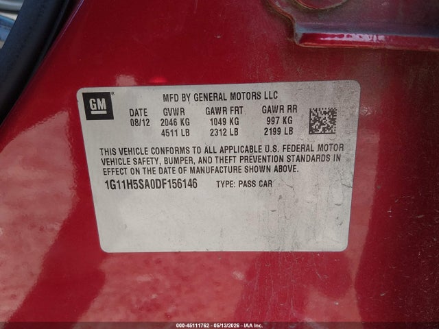 Продаж на аукціоні авто 2013 Chevrolet Malibu 1lz, vin: 1G11H5SA0DF156146, номер лоту: 45111762