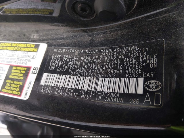 Aukcja sprzedaży 2011 Toyota Corolla Le, vin: 2T1BU4EE0BC644003, numer aukcji: 45111764