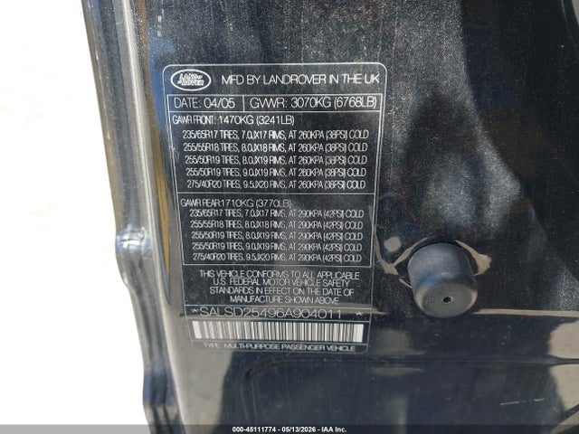 45111774 :رقم المزاد ، SALSD25496A904011 vin ، 2006 Land Rover Range Rover Sport Hse مزاد بيع