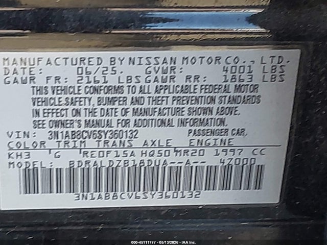 Aukcja sprzedaży 2025 Nissan Sentra Sv, vin: 3N1AB8CV6SY360132, numer aukcji: 45111777