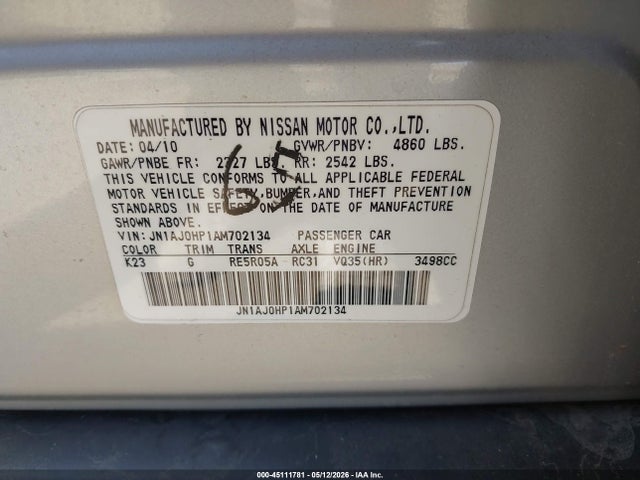 45111781 :رقم المزاد ، JN1AJ0HP1AM702134 vin ، 2010 Infiniti Ex35 Journey مزاد بيع