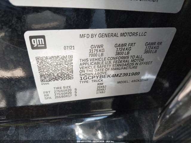 Продаж на аукціоні авто 2021 Chevrolet Silverado 1500 4wd  Short Bed Custom, vin: 1GCPYBEK4MZ391989, номер лоту: 45111783
