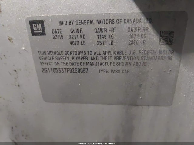 45111789 :رقم المزاد ، 2G1165S37F9250057 vin ، 2015 Chevrolet Impala 2lz مزاد بيع
