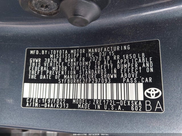 45111790 :رقم المزاد ، 5YFBURHE2FP297093 vin ، 2015 Toyota Corolla S Plus مزاد بيع