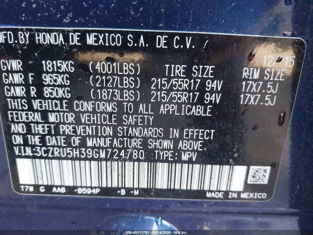Aukcja sprzedaży 2016 Honda Hr-v Lx, vin: 3CZRU5H39GM724780, numer aukcji: 45111791