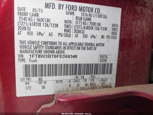 Продажа на аукционе авто 2015 Ford F-350 Lariat, vin: 1FT8W3BT6FED68348, номер лота: 45111793