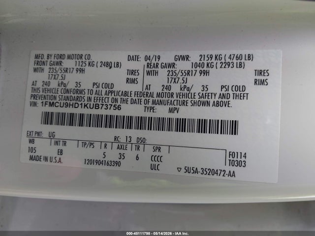 45111798 :رقم المزاد ، 1FMCU9HD1KUB73756 vin ، 2019 Ford Escape Sel مزاد بيع