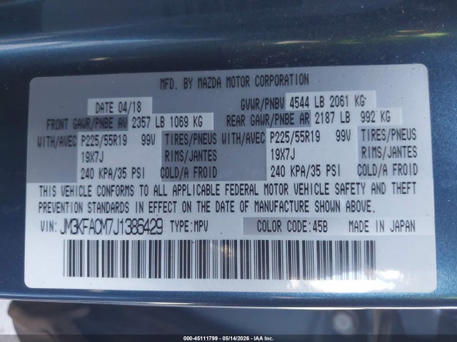 Aukcja sprzedaży 2018 Mazda Cx-5 Touring, vin: JM3KFACM7J1386429, numer aukcji: 45111799