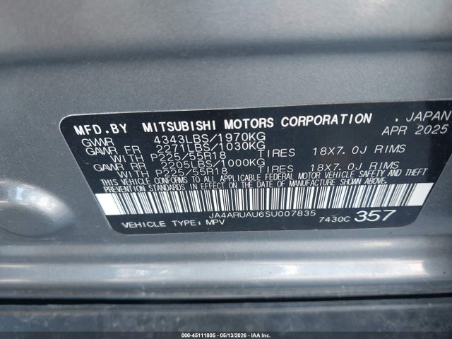 Aukcja sprzedaży 2025 Mitsubishi Outlander Sport 2.0 Es Awc/2.0 Le Awc/2.0 S Awc/2.0 Se Awc/2.0 Trail Edition Awc, vin: JA4ARUAU6SU007835, numer aukcji: 45111805