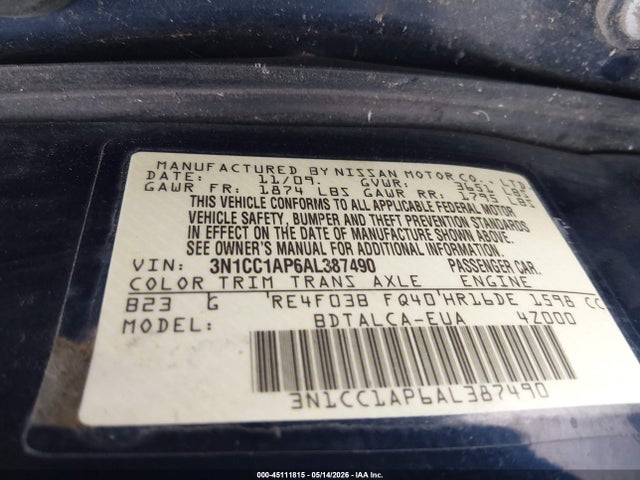 Продаж на аукціоні авто 2010 Nissan Versa 1.6, vin: 3N1CC1AP6AL387490, номер лоту: 45111815