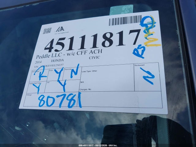 Продажа на аукционе авто 2014 Honda Civic Lx, vin: 19XFB2F55EE254157, номер лота: 45111817