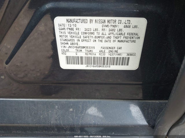 45111833 :رقم المزاد ، JN1CV6AR5BM353315 vin ، 2011 Infiniti G37x مزاد بيع