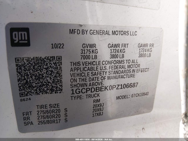 45111835 :رقم المزاد ، 1GCPDBEK0PZ106687 vin ، 2023 Chevrolet Silverado 1500 4wd  Short Bed Custom مزاد بيع