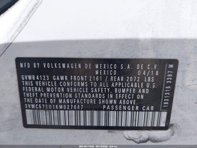 Продаж на аукціоні авто 2019 Volkswagen Jetta 1.4t R-line/1.4t S/1.4t Se, vin: 3VWC57BU1KM027647, номер лоту: 45111836