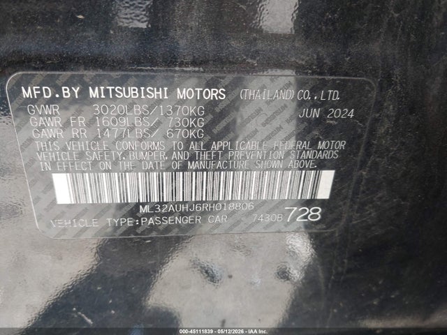 Aukcja sprzedaży 2024 Mitsubishi Mirage Es/le, vin: ML32AUHJ6RH018806, numer aukcji: 45111839