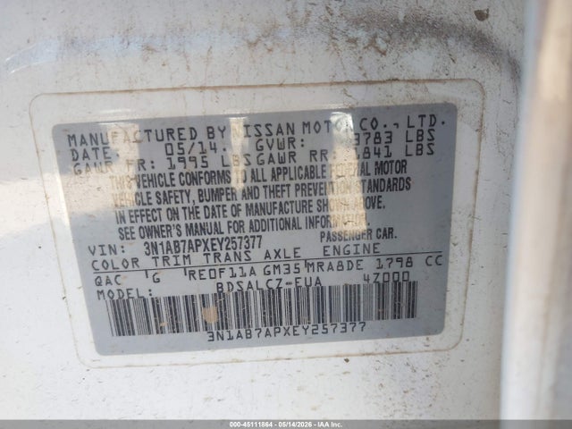 Aukcja sprzedaży 2014 Nissan Sentra Fe+ S, vin: 3N1AB7APXEY257377, numer aukcji: 45111864