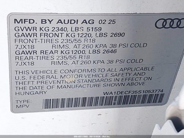 Продаж на аукціоні авто 2025 Audi Q3 Premium 45 Tfsi S Line Quattro Tiptronic, vin: WA1DECF35S1053774, номер лоту: 45111865