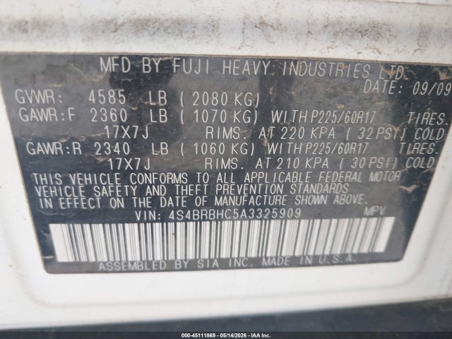 Продаж на аукціоні авто 2010 Subaru Outback 2.5i Premium, vin: 4S4BRBHC5A3325909, номер лоту: 45111869