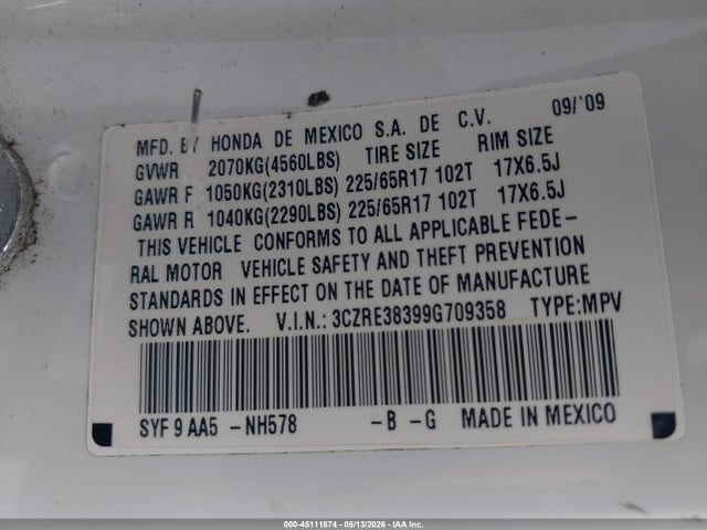Продажа на аукционе авто 2009 Honda Cr-v Lx, vin: 3CZRE38399G709358, номер лота: 45111874