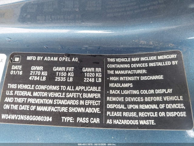 2016 Buick Cascada მანქანა იყიდება აუქციონზე, vin: W04WV3N58GG060394, აუქციონის ნომერი: 45111875
