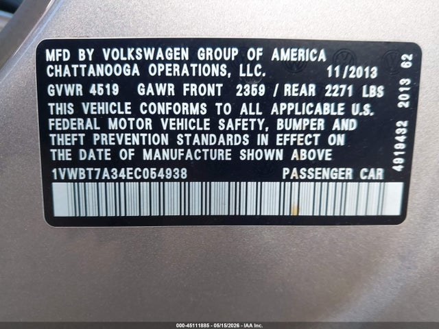 Продажа на аукционе авто 2014 Volkswagen Passat 1.8t Se, vin: 1VWBT7A34EC054938, номер лота: 45111885