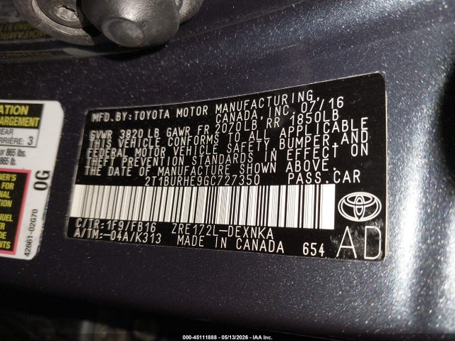 Toyota COROLLA LE 2016 2T1BURHE9GC727350 Image 9
