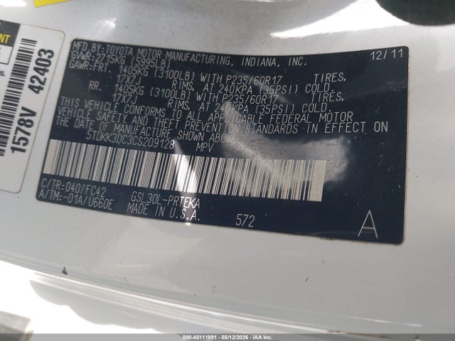 Aukcja sprzedaży 2012 Toyota Sienna Le V6 8 Passenger, vin: 5TDKK3DC3CS209128, numer aukcji: 45111891