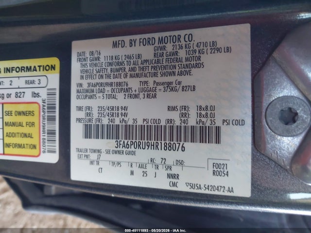 Ford Fusion Hybrid Titanium 2017 3FA6P0RU9HR188076 Image 9