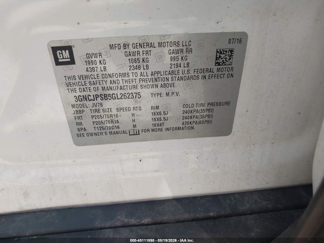 45111898 :رقم المزاد ، 3GNCJPSB5GL262375 vin ، 2016 Chevrolet Trax Lt مزاد بيع