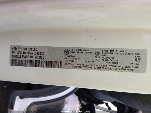 Продаж на аукціоні авто 2021 Ram Promaster 1500 High Roof 136 Wb, vin: 3C6LRVBG2ME516312, номер лоту: 45111903