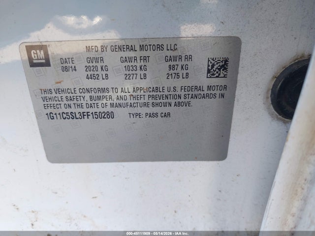 45111909 :رقم المزاد ، 1G11C5SL3FF150280 vin ، 2015 Chevrolet Malibu 1lt مزاد بيع