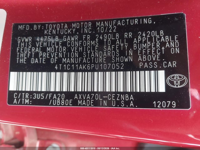 Продаж на аукціоні авто 2023 Toyota Camry Le, vin: 4T1C11AK6PU107052, номер лоту: 45111910
