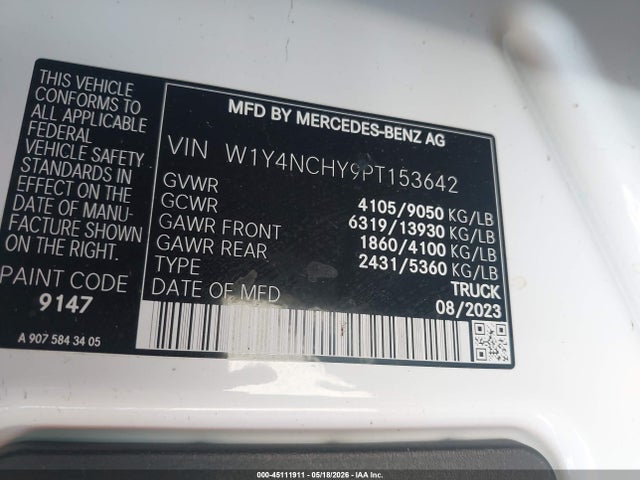 Aukcja sprzedaży 2023 Mercedes-benz Sprinter 2500 High Roof 4-cyl Diesel Ho, vin: W1Y4NCHY9PT153642, numer aukcji: 45111911