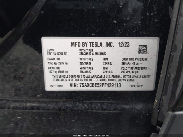 2023 Tesla Model X Dual Motor All-wheel Drive/standard Range მანქანა იყიდება აუქციონზე, vin: 7SAXCBE52PF429113, აუქციონის ნომერი: 45111913