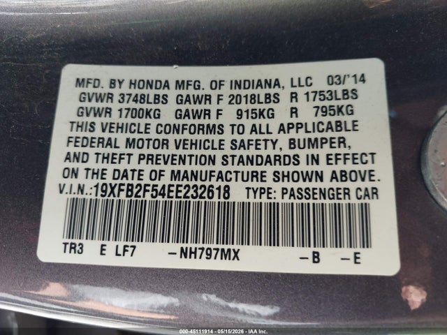 Honda Civic Lx 2014 19XFB2F54EE232618 Image 9