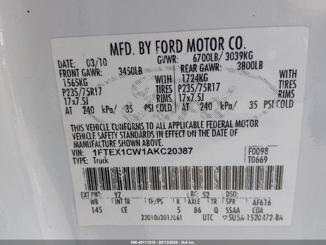 Продажа на аукционе авто 2010 Ford F-150 Stx/xl, vin: 1FTEX1CW1AKC20387, номер лота: 45111916