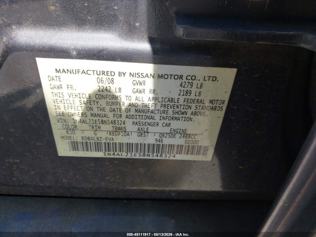 Aukcja sprzedaży 2008 Nissan Altima 2.5 S, vin: 1N4AL21E58N548324, numer aukcji: 45111917
