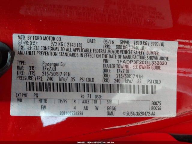 Aukcja sprzedaży 2016 Ford Focus Se, vin: 1FADP3F20GL332820, numer aukcji: 45111920