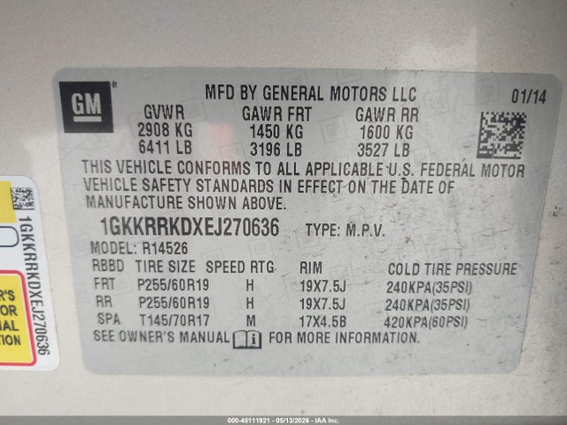 Aukcja sprzedaży 2014 Gmc Acadia Slt-1, vin: 1GKKRRKDXEJ270636, numer aukcji: 45111921