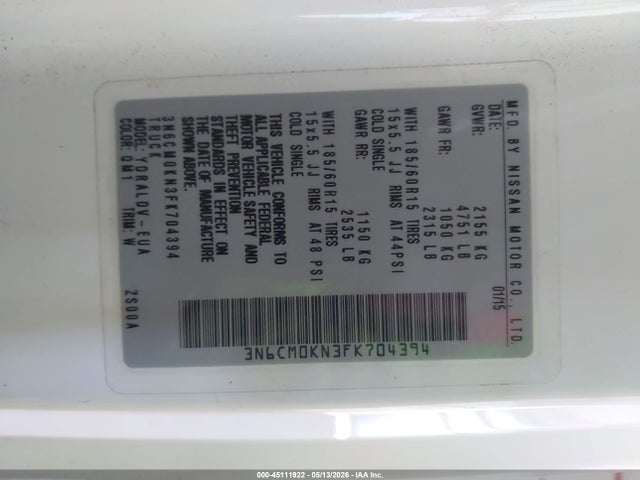 Aukcja sprzedaży 2015 Nissan Nv200 S, vin: 3N6CM0KN3FK704394, numer aukcji: 45111922