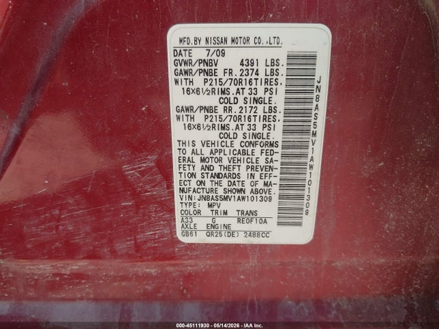 45111930 :رقم المزاد ، JN8AS5MV1AW101309 vin ، 2010 Nissan Rogue S مزاد بيع