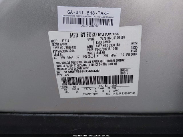 1FM5K7B89KGA64281 Ford Explorer
