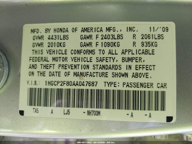 45111942 :رقم المزاد ، 1HGCP2F80AA047687 vin ، 2010 Honda Accord 2.4 Ex-l مزاد بيع
