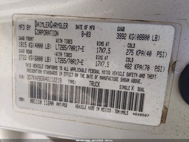 Продажа на аукционе авто 2004 Dodge Ram 2500 Slt/laramie, vin: 3D7KA28D64G112219, номер лота: 45111943