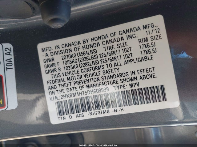 2013 Honda Cr-v Ex-l მანქანა იყიდება აუქციონზე, vin: 2HKRM4H75DH609999, აუქციონის ნომერი: 45111947