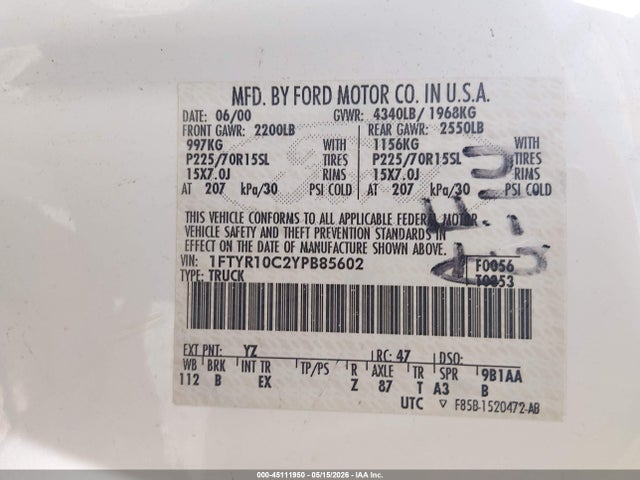 Aukcja sprzedaży 2000 Ford Ranger Xl/xlt, vin: 1FTYR10C2YPB85602, numer aukcji: 45111950